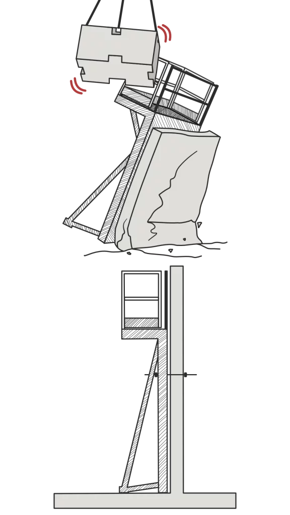 Schéma de stabilisation d’une banche contre un mur existant présenté en formation voile béton pour expliquer les règles de sécurité